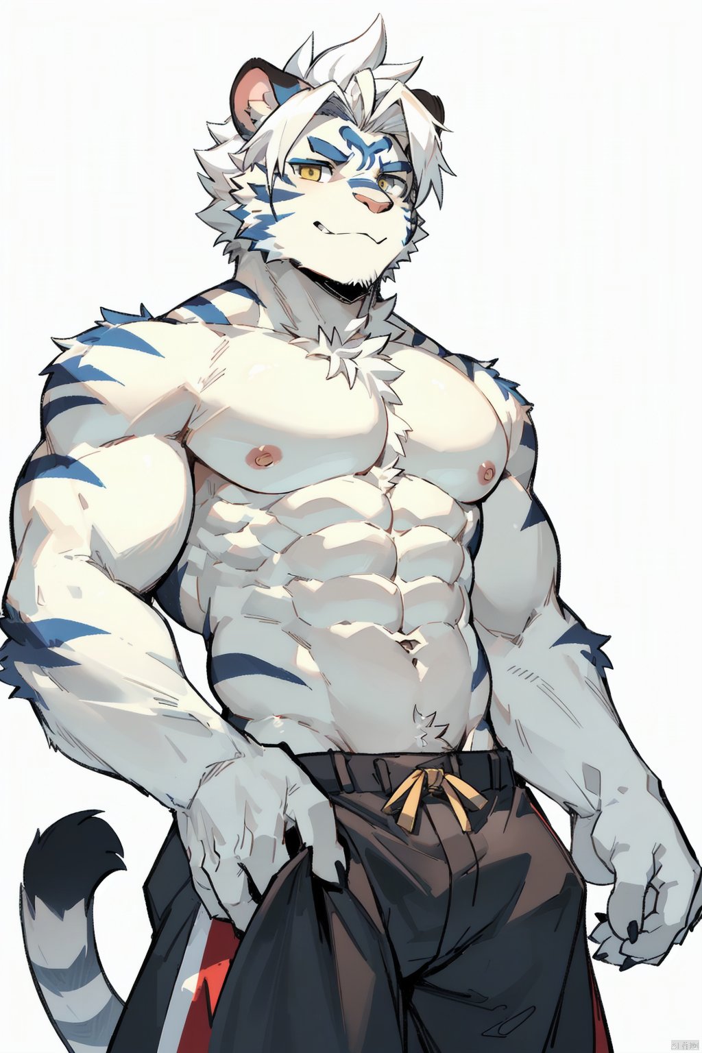  1boy, male focus, furry male, solo, bara, furry, tiger boy, short hair, white fur, abs, navel, nipples, large pectorals, white hair, tiger stripes,looking at viewer,standing, zixiong,HYZ, HYZ