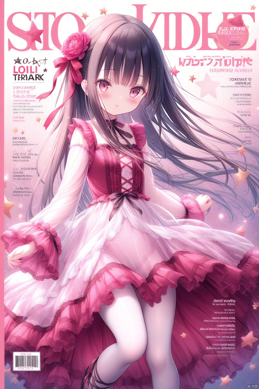  tinkle, loli, blush, 1girl, long hair, flowing, hair,
black hair, red dress, 
layered dress, frilled dress, see-through, hair flower, hair ribbon, translucent dress, 
white pantyhose, wide shot, cross-laced footwear, gothic lolita, lolita fashion,
star, lace, wide sleeves, note, text,
masterpiece, best quality, pink theme, magazine cover, text