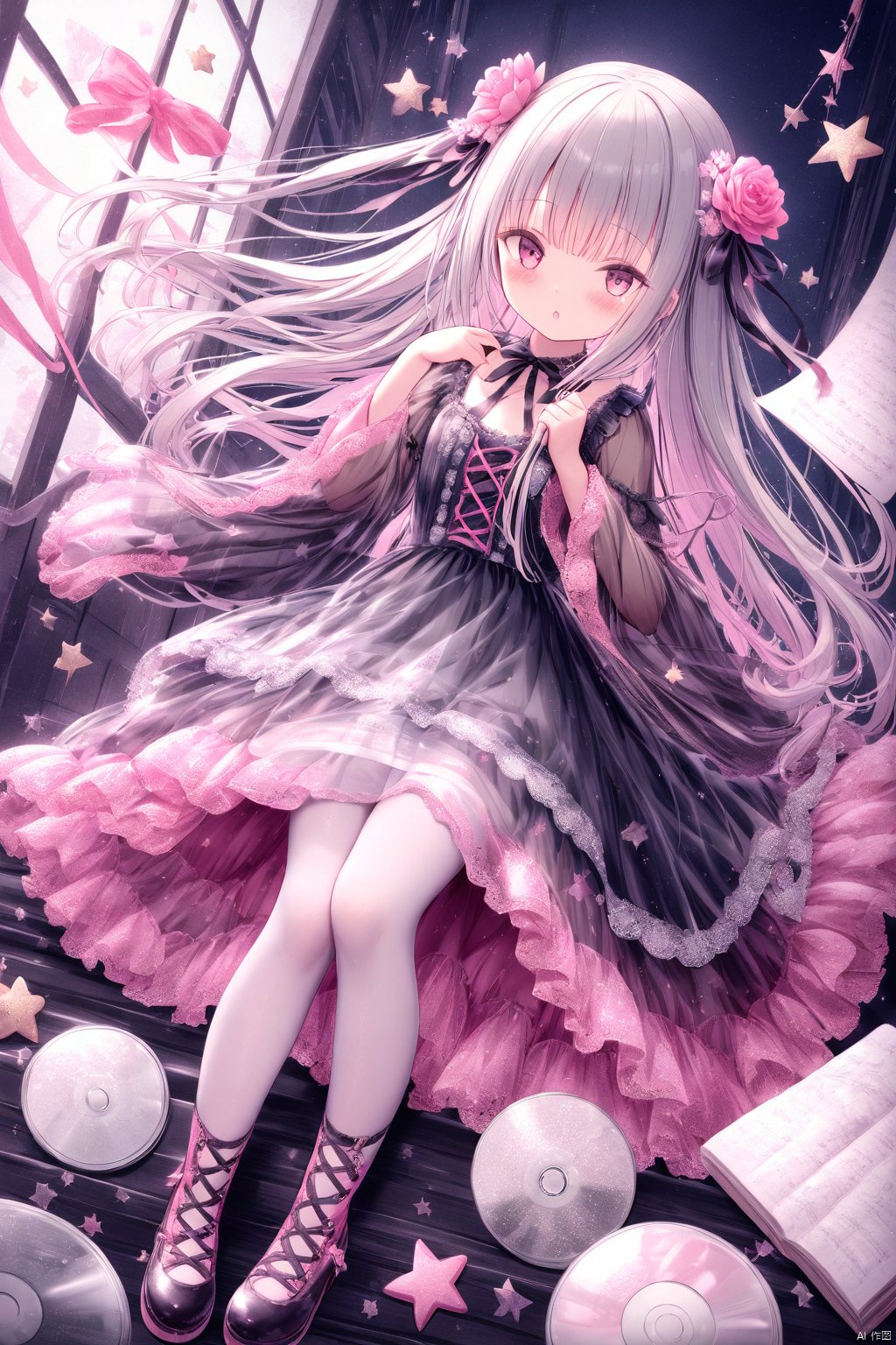  tinkle, loli, blush, 1girl, long hair, flowing, hair,
grey hair, black dress, 
layered dress, frilled dress, see-through, hair flower, hair ribbon, translucent dress, 
white pantyhose, wide shot, cross-laced footwear, gothic lolita, lolita fashion,
star, lace, wide sleeves, note, text,
masterpiece, best quality, pink theme, cd cover, text