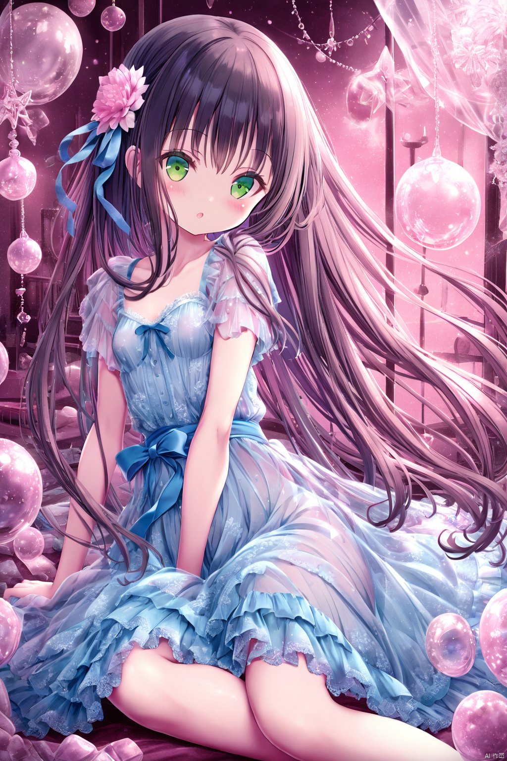 tinkle, (loli), 1girl, solo, very long hair, light color, green eyes, blush,
layered dress, see-through, frilled dress, lace printed , blue dress, black hair, hair flower, pink background, sitting, small breasts, sash, detailed clothing, flowing hair, :o, translucent dress,
bubble, looking at viewer, torino_aqua,
shamed, blush, hair ribbon,, night, key, crystal, pink theme,
fingernails, text,
best quality, masterpiece, star,