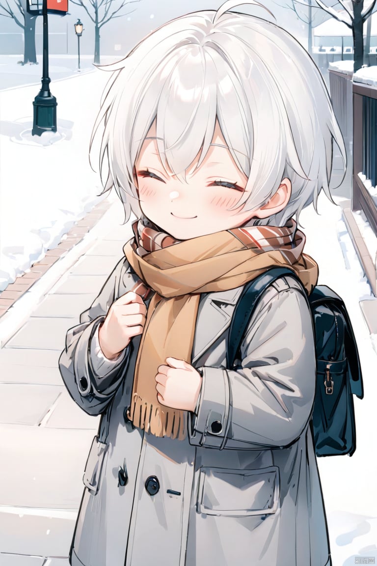  Solo, Blush, a little boy, smile, body, eyes closed, white hair, male focus, outdoor, bag, scarf, gray coat, child, Boy,气质男孩