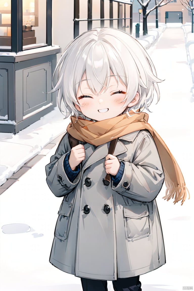  Solo, Blush, a little boy, smile, body, eyes closed, white hair, male focus, outdoor, bag, scarf, gray coat, child, Boy,气质男孩