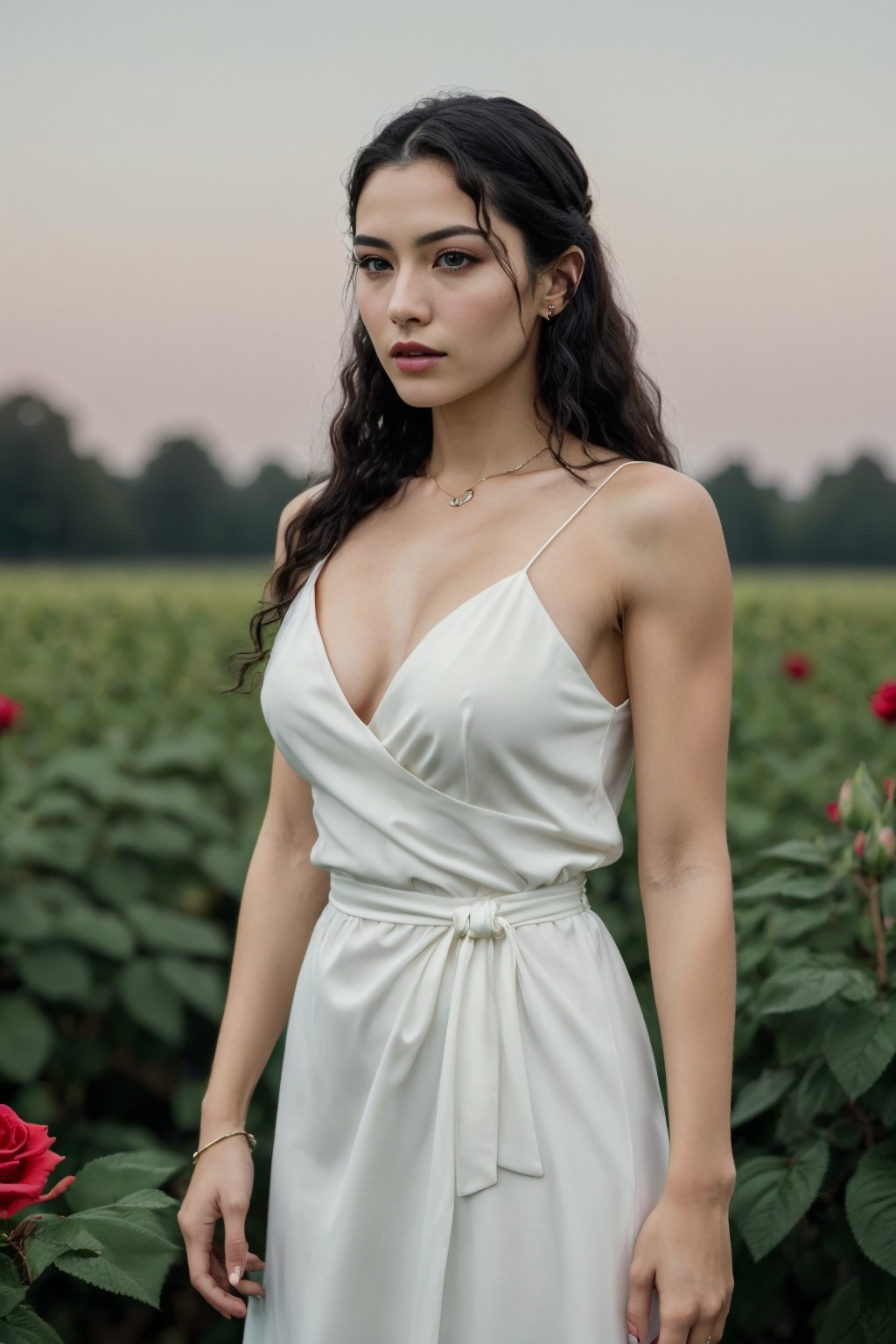  a woman, (realistic), (hyperrealism), (photorealistic), depth of field, adult, (upper body:1.2), (narrow waist), eye makeup:0.5, looking at the viewer, portrait photo, white dress, at the rose garden, moonrise, 
,Color Booster,