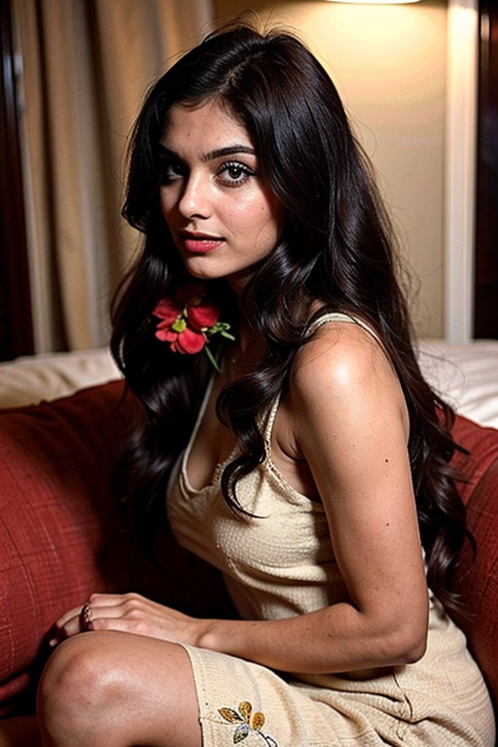 Beautiful ,23 years young girl,confident looking,8k,realistic,dark brown hair,fair skin, indian,long hair,clear facial features, wearing beautiful dress and flowers 🌷🌹and hairs on face make it seductive effect