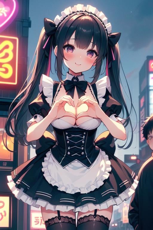 (((masterpiece))), (((best quality))), (((storefront))), (((outdoor))), (((from below))), (((face towards the sky))), (((maid cafe))), ((heart hands)), ((a girl in gothic costume standing)), stockings, (gray bowtie), ((multiple boys walking)), ((colorful signs in akihabara))), twintails, longhair, shy, blush, smile, (cleavage), ((big tits)), slim figure, (neon lights), ((night)), <lora:girllikemaidcafe:0.8>