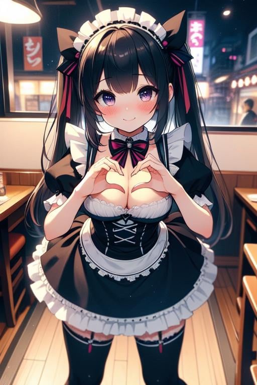 (((masterpiece))), (((best quality))), (((maid cafe))), ((heart hands)), ((a girl in gothic costume standing)), (((bend over))), stockings, bowtie, foods on table, multiple boys in track pants sitting on chair, indoor, windows, reflection, second floors, colorful signs in akihabara, twintails, longhair, shy, blush, smile, (cleavage), ((big tits)), slim figure, ((night)), <lora:girllikemaidcafe:1>