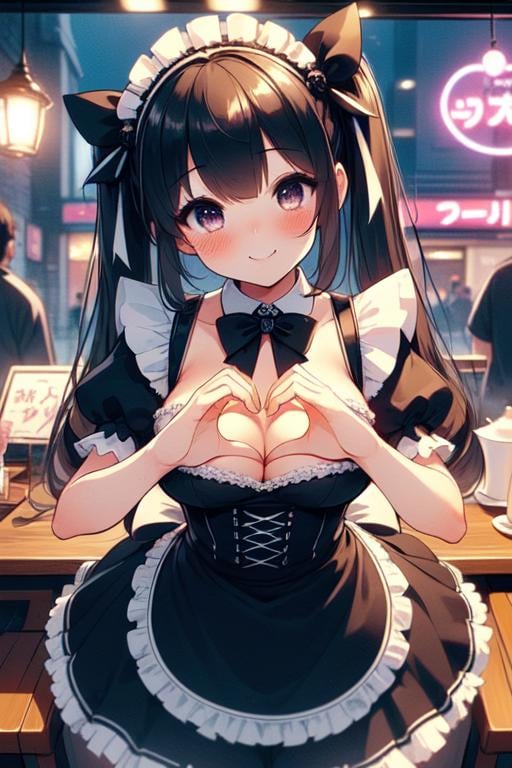 (((masterpiece))), (((best quality))), (((maid cafe))), ((heart hands)), ((a girl in gothic costume standing)), stockings, bowtie, foods on table, multiple boys in track pants sitting on chair, indoor, windows, reflection, second floors, colorful signs in akihabara, twintails, longhair, shy, blush, smile, (cleavage), ((big tits)), slim figure, ((night)),  <lora:girllikemaidcafe:1>