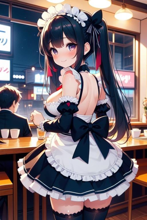 (((masterpiece))), (((best quality))), (((from behind))), (((maid cafe))), ((heart hands)), ((a girl in gothic costume standing)), stockings, bowtie, foods on table, multiple boys in track pants sitting on chair, indoor, windows, reflection, second floors, colorful signs in akihabara, twintails, longhair, shy, blush, smile, (cleavage), ((big tits)), slim figure, ((night)), <lora:girllikemaidcafe:1>