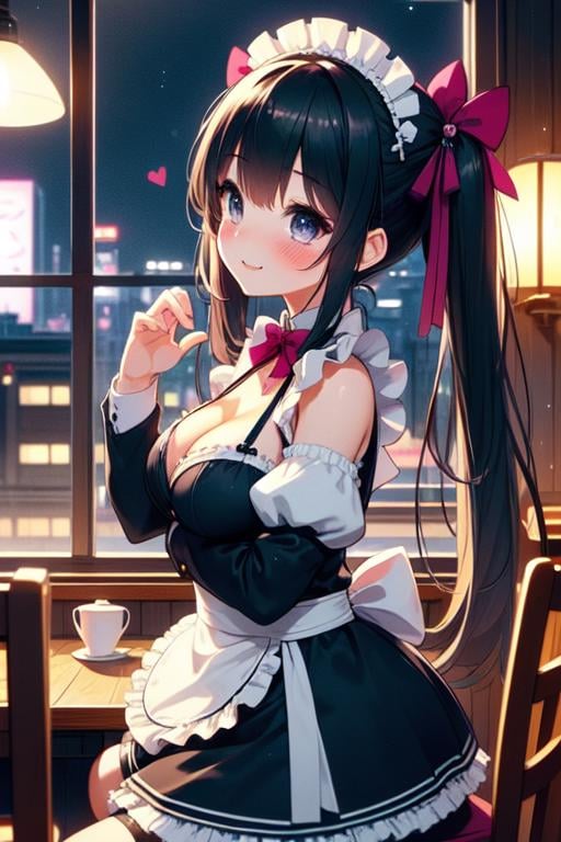 (((masterpiece))), (((best quality))), (((from side))), (((maid cafe))), ((heart hands)), ((a girl in gothic costume standing)), stockings, bowtie, foods on table, multiple boys in track pants sitting on chair, indoor, windows, reflection, second floors, colorful signs in akihabara, twintails, longhair, shy, blush, smile, (cleavage), ((big tits)), slim figure, ((night)), <lora:girllikemaidcafe:1>