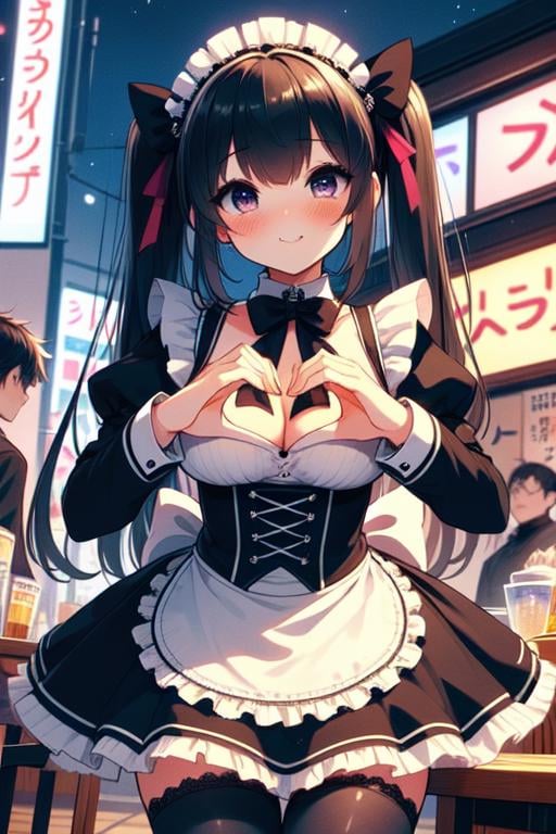 (((masterpiece))), (((best quality))), (((from below))), (((maid cafe))), ((heart hands)), ((a girl in gothic costume standing)), stockings, bowtie, foods on table, multiple boys in track pants sitting on chair, indoor, windows, (reflection), ((second floors)), ((colorful signs in akihabara))), twintails, longhair, shy, blush, smile, (cleavage), ((big tits)), slim figure, ((night)), <lora:girllikemaidcafe:1>