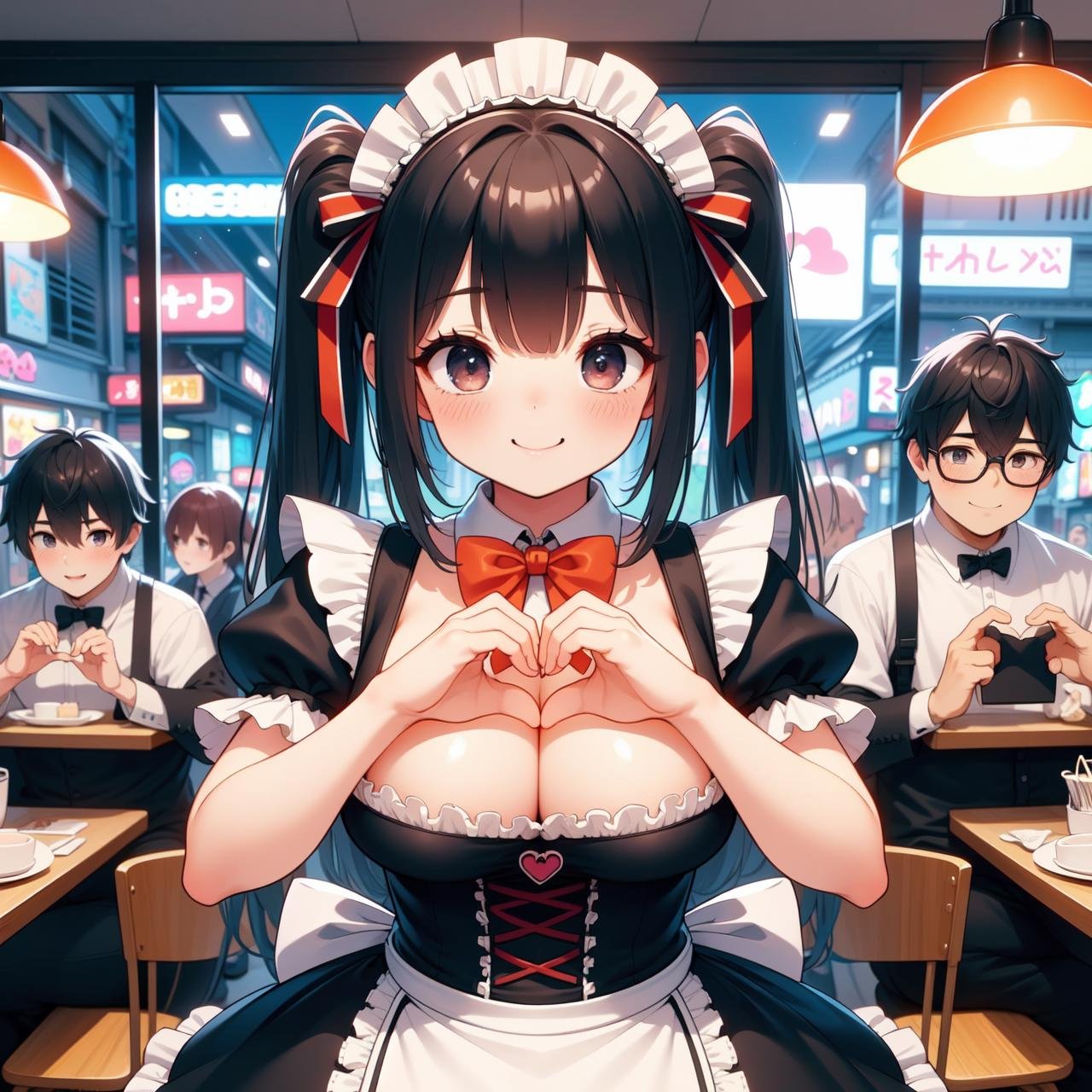 (((masterpiece))), (((best quality))), (((multiple boys))), (((heads together))), (((maid cafe))), ((heart hands duo)), ((a girl in gothic costume)), (stockings), (orange bowtie), (foods on table), (a fat boy in t-shirt and black-framed eyewear), plump, indoor, windows, reflection, second floors, colorful signs in akihabara, twintails, longhair, shy, blush, smile, cleavage, (big tits), slim figure, night,<lora:girllikehearthandsduo:0.9>