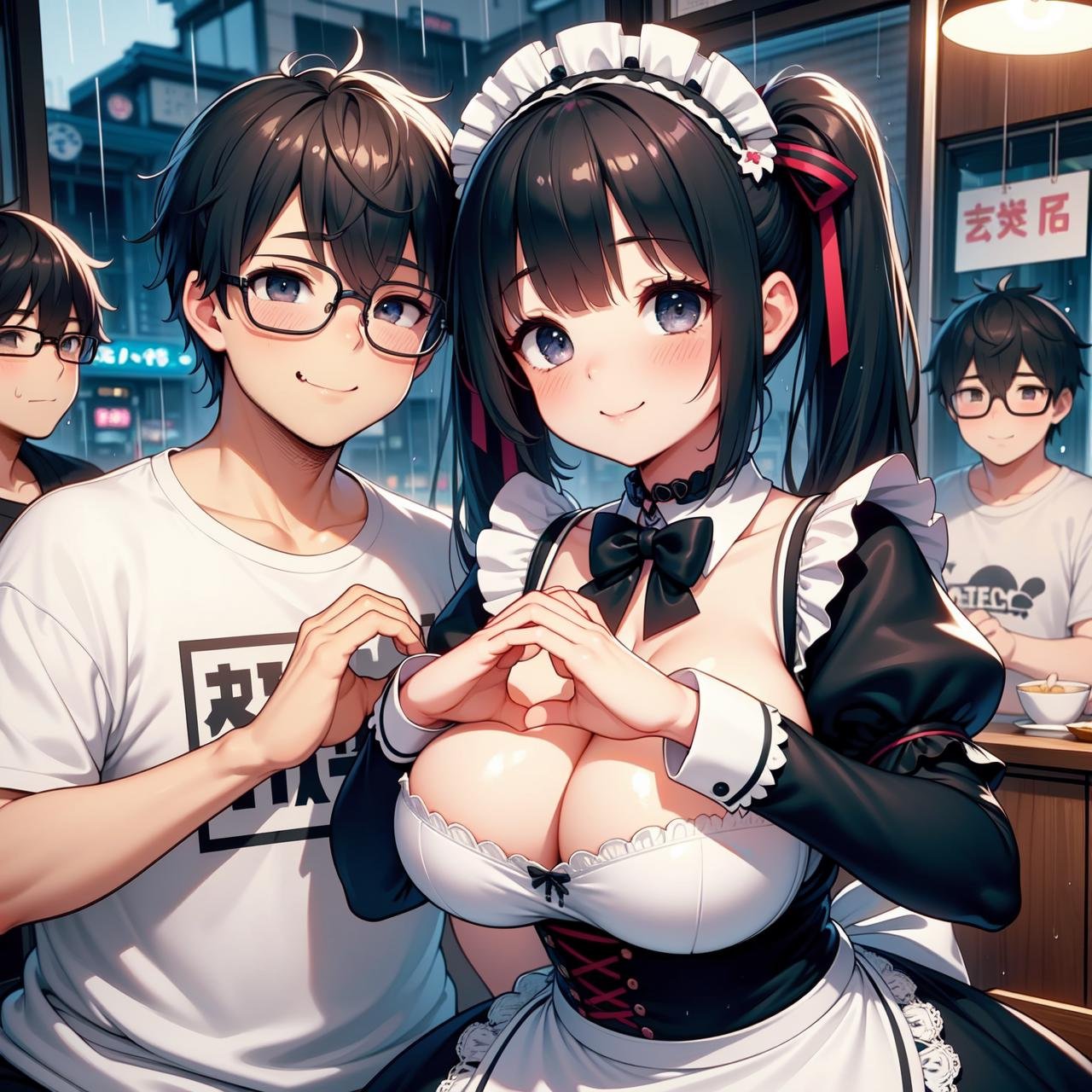 (((masterpiece))), (((best quality))), (((multiple boys))), (((heads together))), (((maid cafe))), ((heart hands duo)), ((a girl in gothic costume)), (stockings), (gray bowtie), (foods on table), (a fat boy in t-shirt and black-framed eyewear), plump, indoor, windows, reflection, second floors, colorful signs in akihabara, twintails, longhair, shy, blush, smile, cleavage, (big tits), slim figure, ((raining)),<lora:girllikehearthandsduo:0.8>