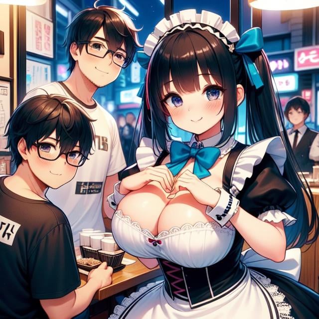 (((masterpiece))), (((best quality))), (((multiple boys))), (((heads together))), (((maid cafe))), ((heart hands duo)), ((a girl in gothic costume)), (stockings), (blue bowtie), (foods on table), (a fat boy in t-shirt and black-framed eyewear), plump, indoor, windows, reflection, second floors, colorful signs in akihabara, twintails, longhair, shy, blush, smile, cleavage, (big tits), slim figure, night,<lora:girllikehearthandsduo:1.05>