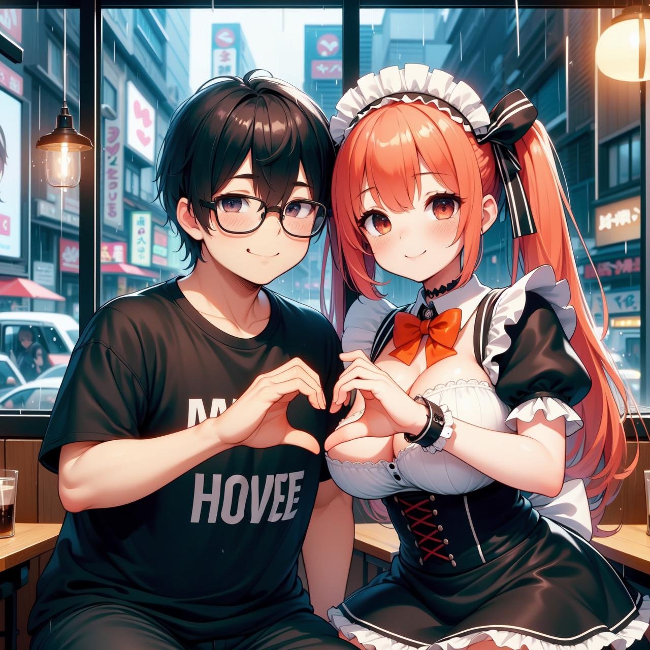 (((masterpiece))), (((best quality))), (((multiple boys))), (((heads together))), (((maid cafe))), ((heart hands duo)), ((a girl in gothic costume)), (stockings), (orange bowtie), (foods on table), (a fat boy in t-shirt and black-framed eyewear), plump, indoor, windows, reflection, second floors, colorful signs in akihabara, twintails, longhair, shy, blush, smile, cleavage, (big tits), slim figure, ((raining)),<lora:girllikehearthandsduo:0.9>