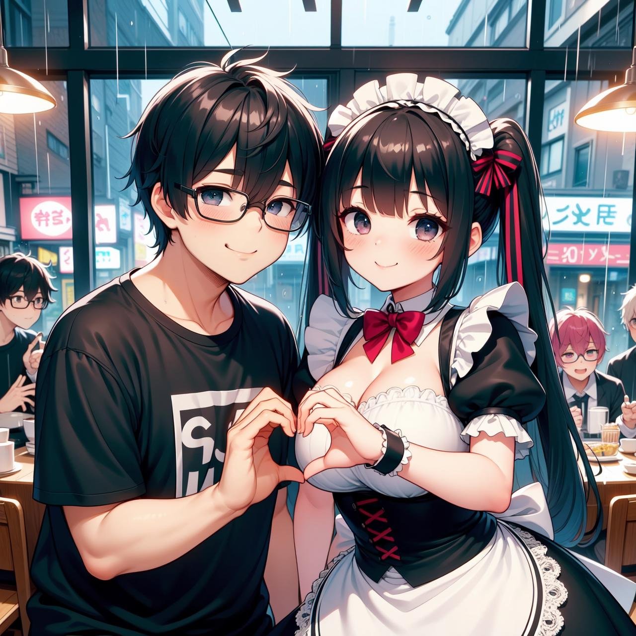 (((masterpiece))), (((best quality))), (((multiple boys))), (((heads together))), (((maid cafe))), ((heart hands duo)), ((a girl in gothic costume)), (stockings), (gray bowtie), (foods on table), (a fat boy in t-shirt and black-framed eyewear), plump, indoor, windows, reflection, second floors, colorful signs in akihabara, twintails, longhair, shy, blush, smile, cleavage, (big tits), slim figure, ((raining)),<lora:girllikehearthandsduo:0.8>