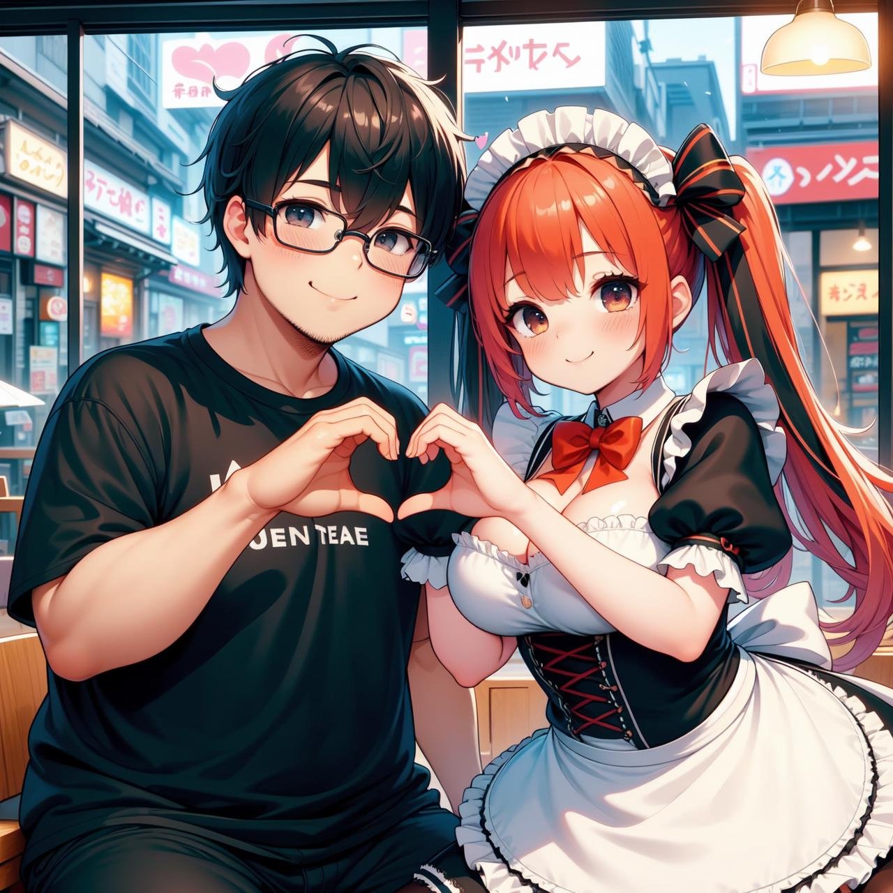 (((masterpiece))), (((best quality))), (((multiple boys))), (((heads together))), (((maid cafe))), ((heart hands duo)), ((a girl in gothic costume)), (stockings), (orange bowtie), (foods on table), (a fat boy in t-shirt and black-framed eyewear), plump, indoor, windows, reflection, second floors, colorful signs in akihabara, twintails, longhair, shy, blush, smile, cleavage, (big tits), slim figure, night,<lora:girllikehearthandsduo:0.9>