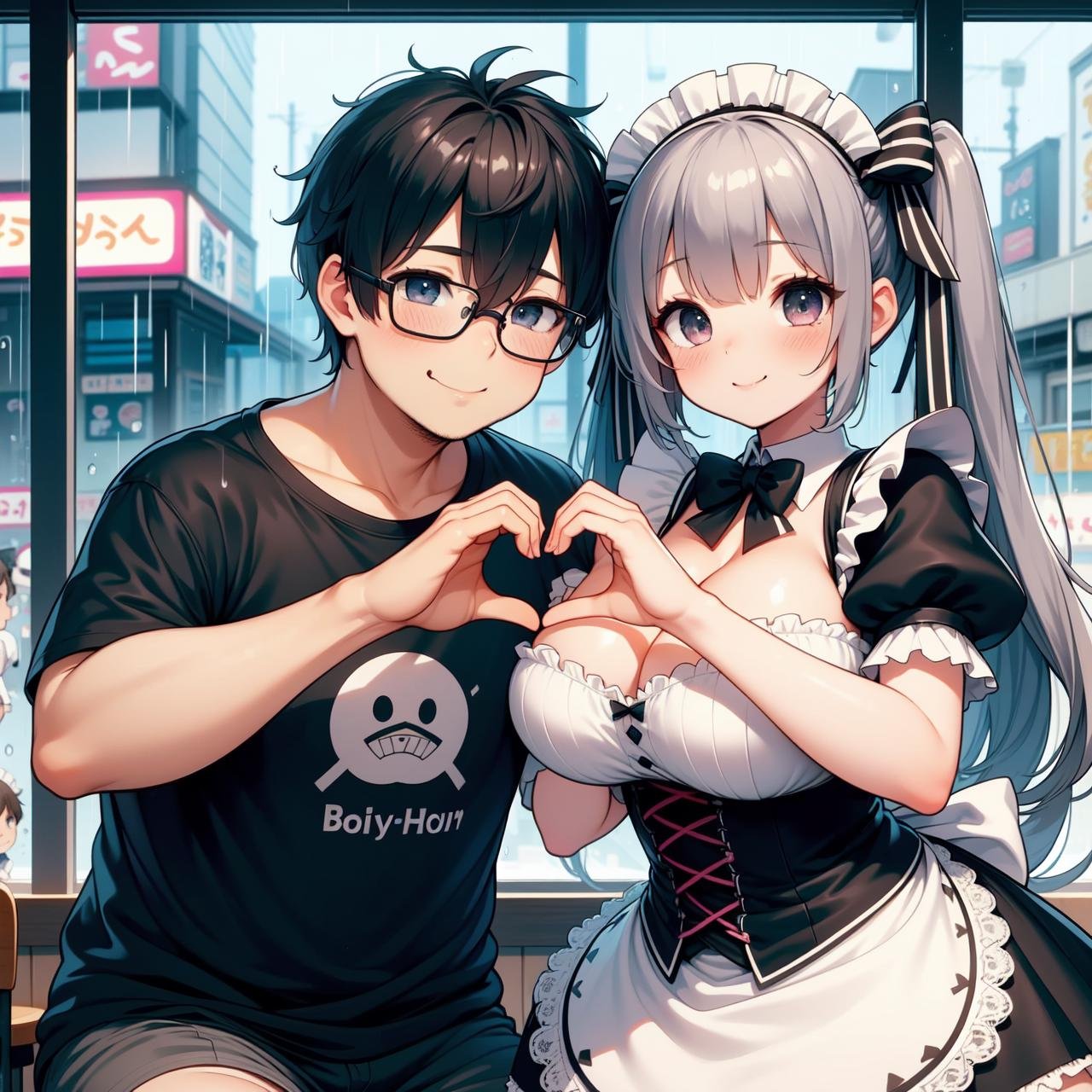 (((masterpiece))), (((best quality))), (((multiple boys))), (((heads together))), (((maid cafe))), ((heart hands duo)), ((a girl in gothic costume)), (stockings), (gray bowtie), (foods on table), (a fat boy in t-shirt and black-framed eyewear), plump, indoor, windows, reflection, second floors, colorful signs in akihabara, twintails, longhair, shy, blush, smile, cleavage, (big tits), slim figure, ((raining)),<lora:girllikehearthandsduo:0.8>