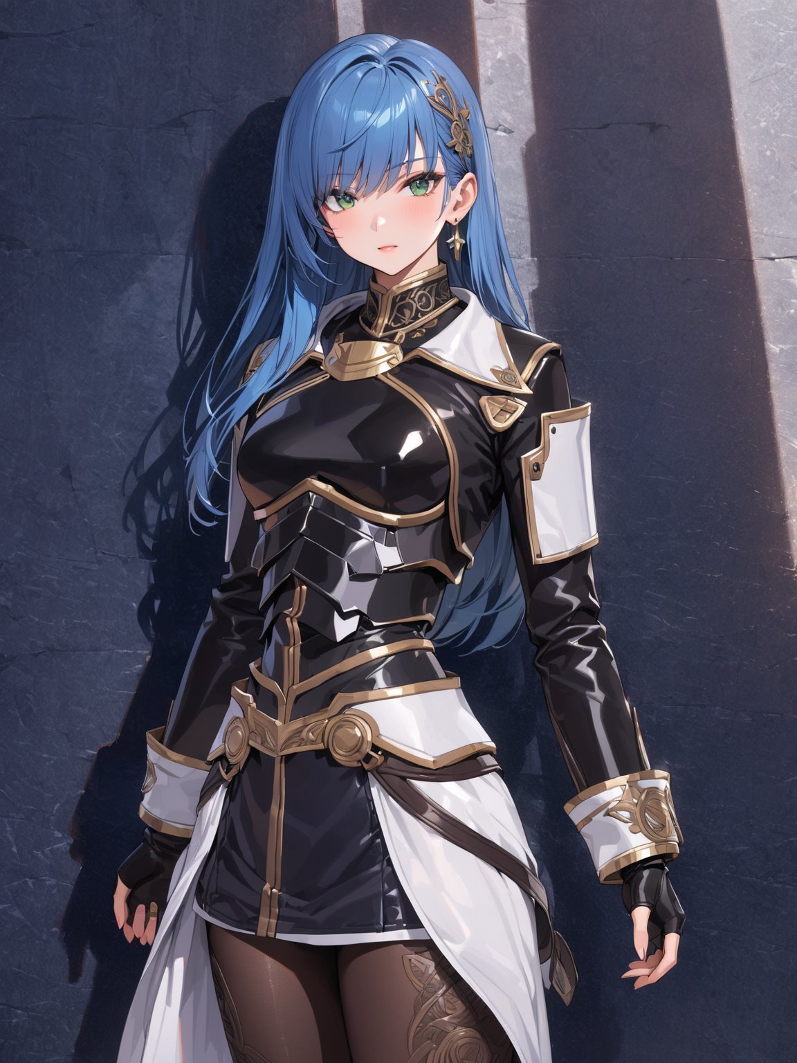 //Character, solo,MariaTraitor_SO3, 1girl, green eyes, long hair, blue hair, 
//Fashion, armor, fingerless gloves, pantyhose,
//Background, simple background, 
//Quality, (masterpiece), best quality, ultra-high resolution, ultra-high definition, highres, intricate, intricate details, absurdres, highly detailed, finely detailed, ultra-detailed, ultra-high texture quality, natural lighting, natural shadow, dramatic shading, dramatic lighting, vivid colour, perfect anatomy, 
//Others, 