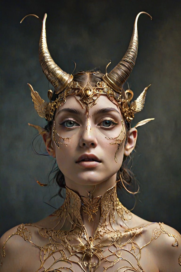 figoores: The reincarnation of the human fly, absurd photography style, gold filigram horns, 3d, fine art details, expressive, mysterious, intricate fantasy, surrealism, poetic, <lora:MJ52:0.3>