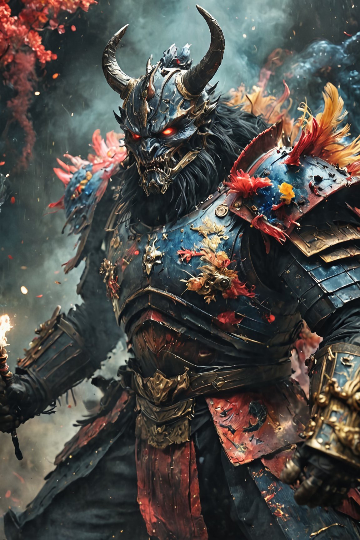an ugly behemoth masked divinity samurai like creature in action and unleashing an attack against enemies, vincent van gogh style, fw murano style,  GALAXY armour, plumes of jet black plumes smokes, vibrant colour blast, incredibly detailed, morbid, dark, key visuals, atmospheric, highly realistic, ultra wide epic shot, <lora:MJ52:0.3>