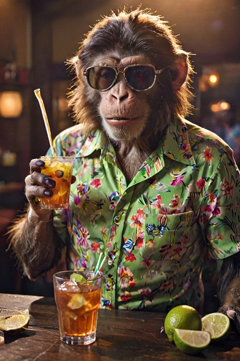 a very cool suave adult monkey combed hair wearing sun glasses and a flowered shirt holding a glass of ice tea straw slice of lime in a club, 8K, dramatic lighting, textured skin