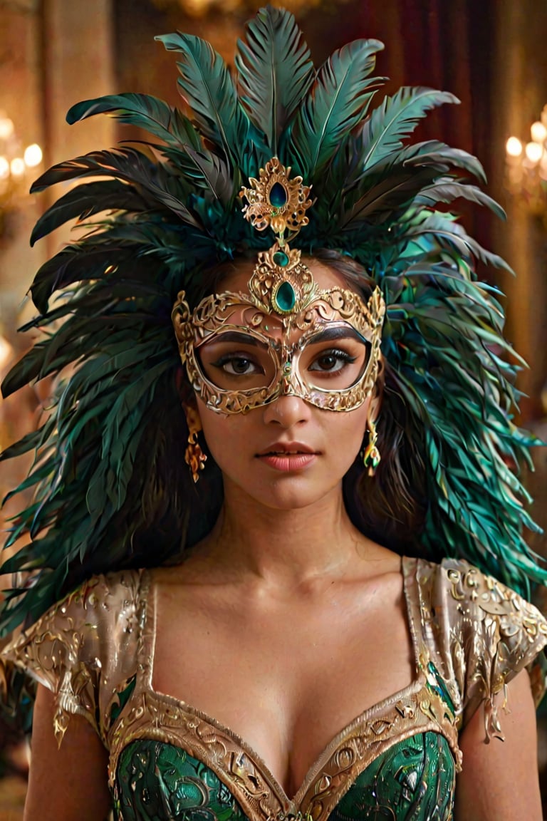 A South Asian woman with stunning emerald eyes, wearing an opulent masquerade mask adorned with feathers and jewels. She dances gracefully in a grand ballroom, surrounded by other figures in elaborate costumes. Photorealistic, warm lighting, rich textures in clothing and decorations.