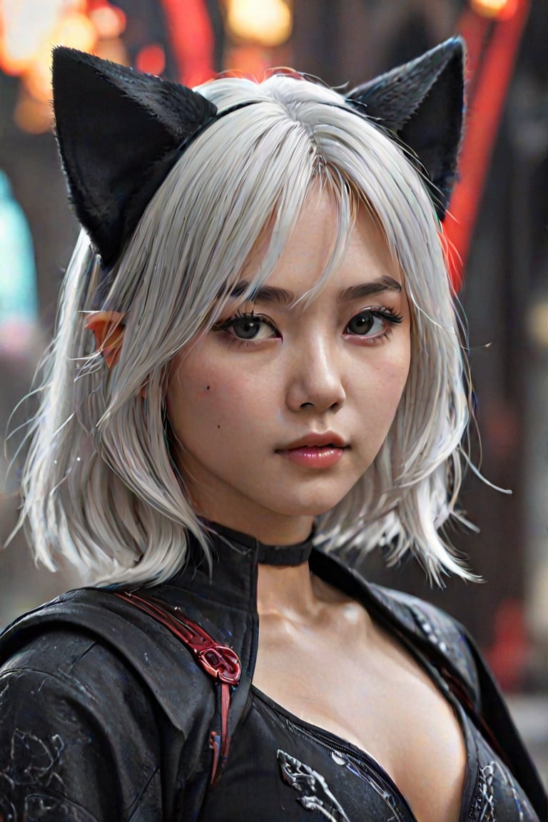 Asian girl, Sith lord, white hair, cat ears, hyperdetailed, masterpiece, 8k, dynamic pose, immersive background, depth of field