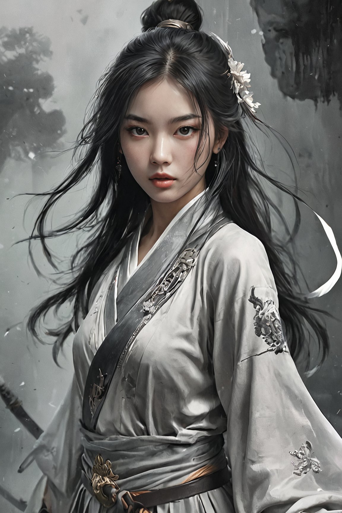 Chinese swordsman, warrior girl, in the style of editorial illustrations, 32k uhd, monochromatic artworks, white and gray, detailed portraits, loish, fantastical, <lora:MJ52:0.3>