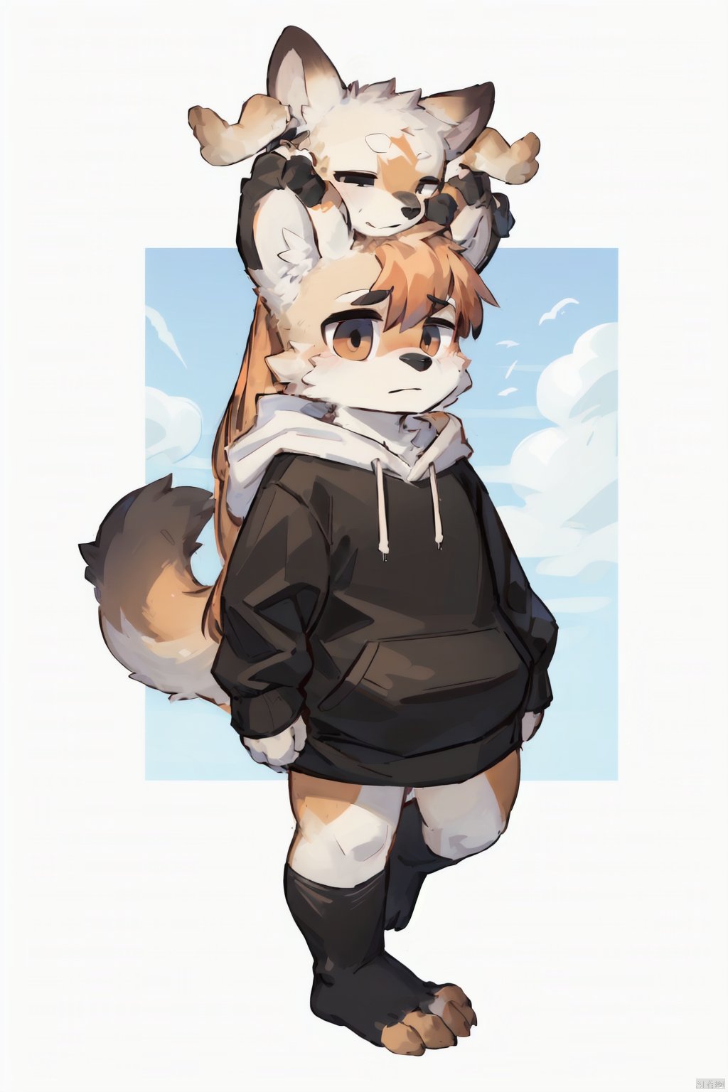  only one boy,from head to foot,orange hair,Long hair and waist length,rein,The lower limbs are lesser panda feet,There is a lesser panda tail behind body,wearing Hoodies,, shota, furry,fat