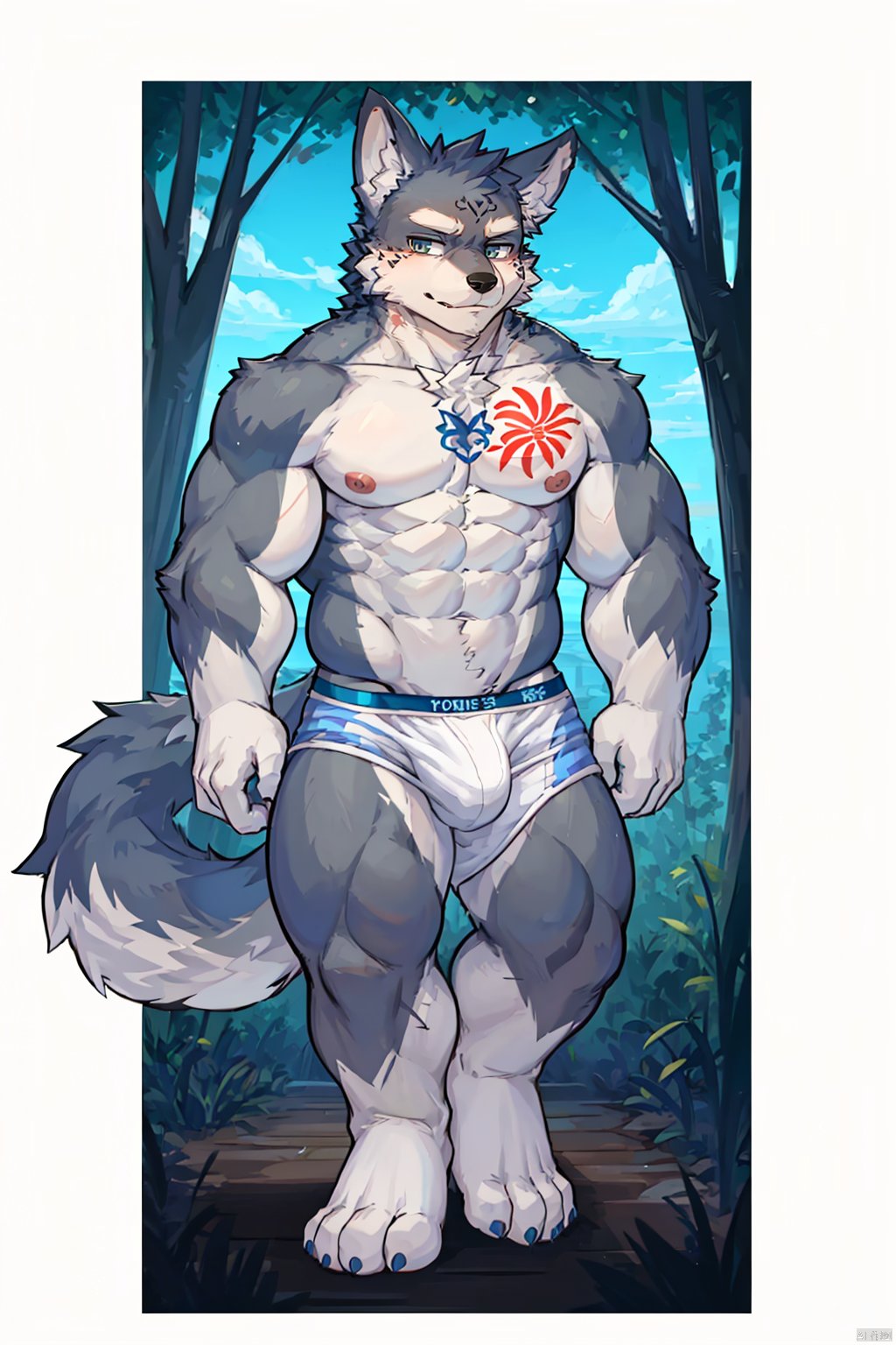  male focus, 1boy, bara, solo, muscular male, pectorals, muscular, animal ears, furry male, nipples, furry, abs, bulge, thighs, large pectorals, tattoo, navel, topless male, tail, thick thighs, stomach, male underwear, underwear, wolf ears, short hair, wolf tail, wolf boy, feet out of frame, looking at viewer, fundoshi, pelvic curtain, white male underwear, thick eyebrows, chest tattoo, HYZ, Muscular Male, nj5furry, shota