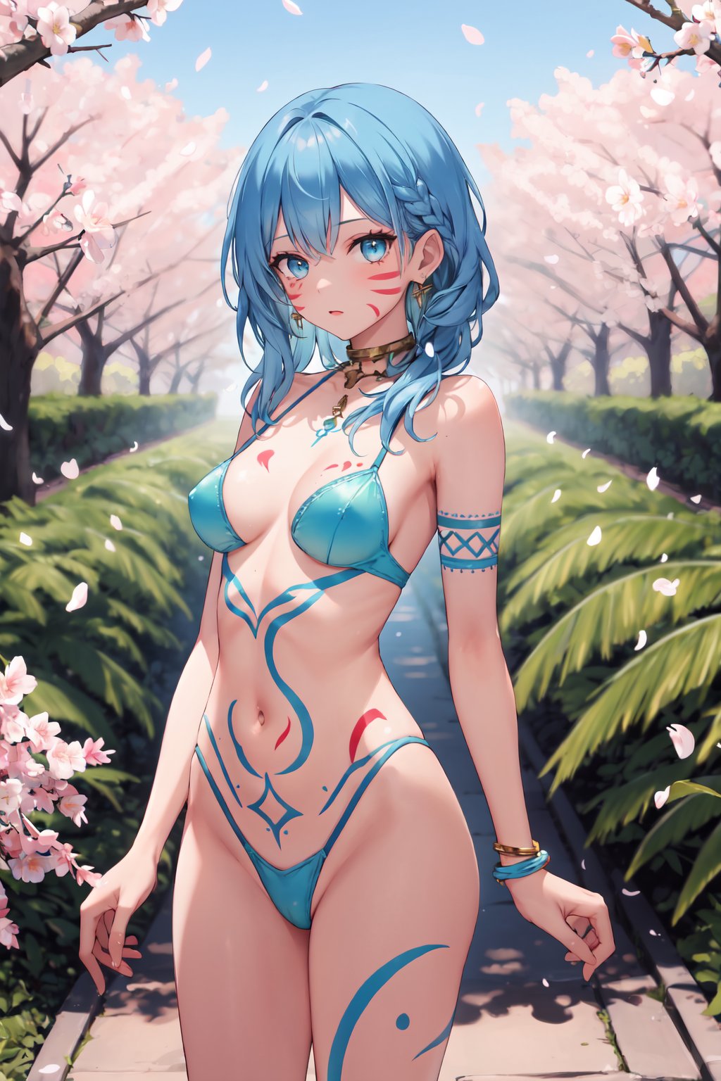 masterpiece,best quality,highres,ultra-detailed,solo,cowboy shot,1girl,medium_breasts,long hair,light blue hair,standing,outdoors,garden,cherry blossom,trees,tribe,facepaint,bodypaint,