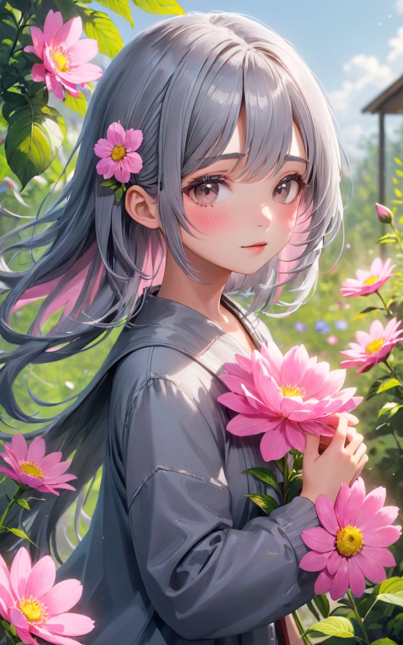 highres,best quality,girl, flower, grey hair, pink flower