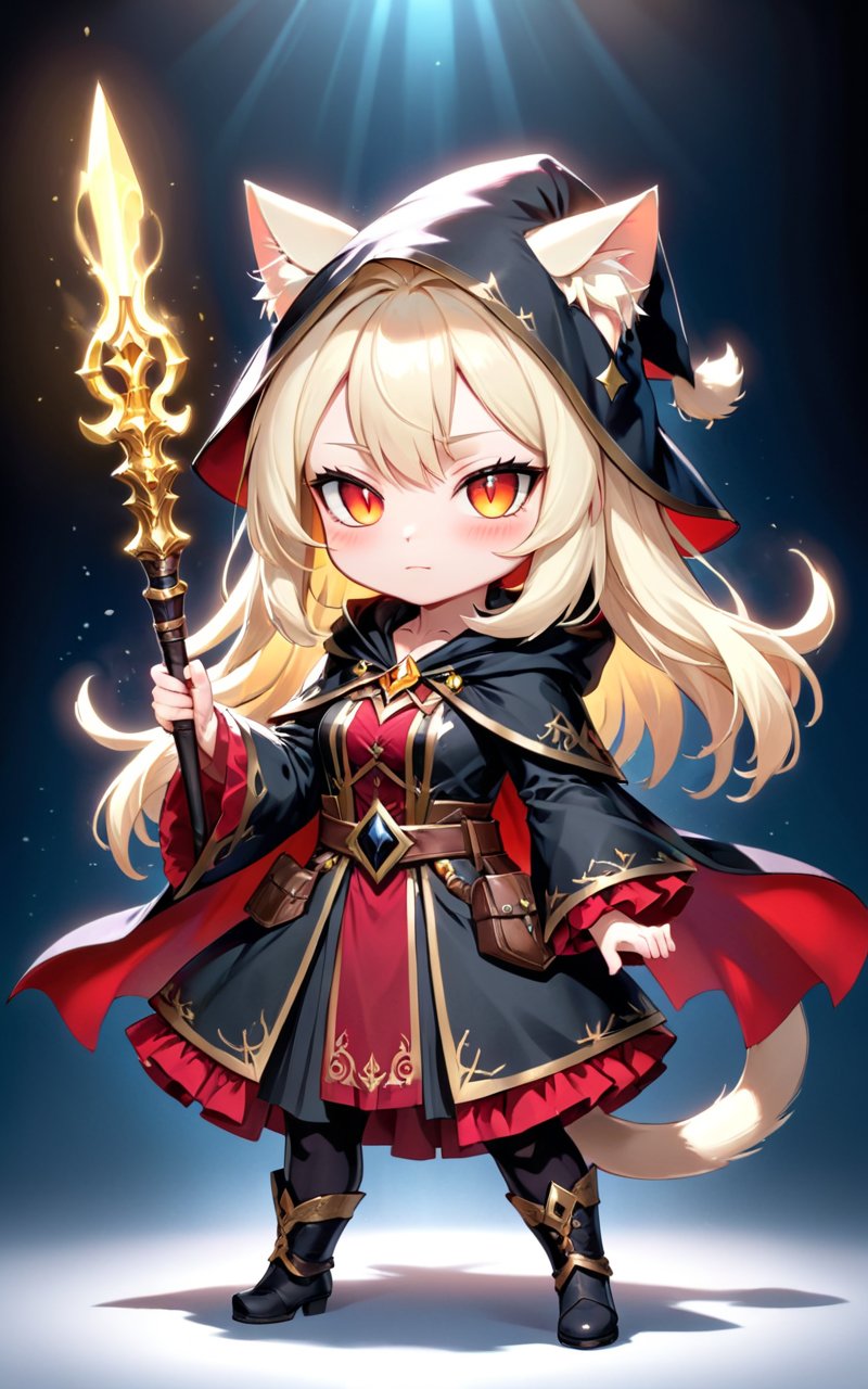 highres,best quality,AA blonde magician witch with a black cat. Her black robe and wizard hat have gold details. she is wearing a red luxurious cloak.BREAK ,black cat with red hoodie,The familiar black cat wears a red hoodie and has a pretend face.,, chibi, full body, glowing, glowing eyes, holding, holding sword, holding weapon, red eyes, simple background, solo, standing, sword, weapon, white hair