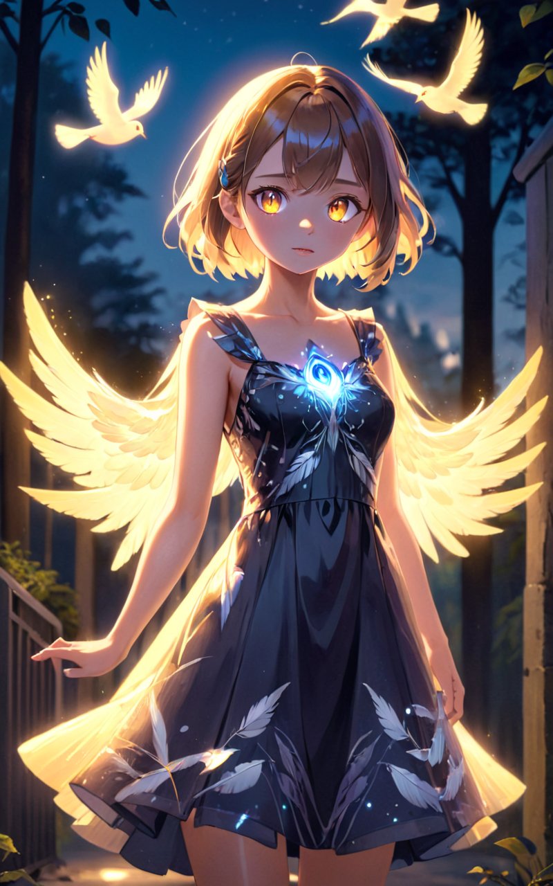 highres,best quality,girl, bird, dress, glowing, glowing eyes, outdoors, solo