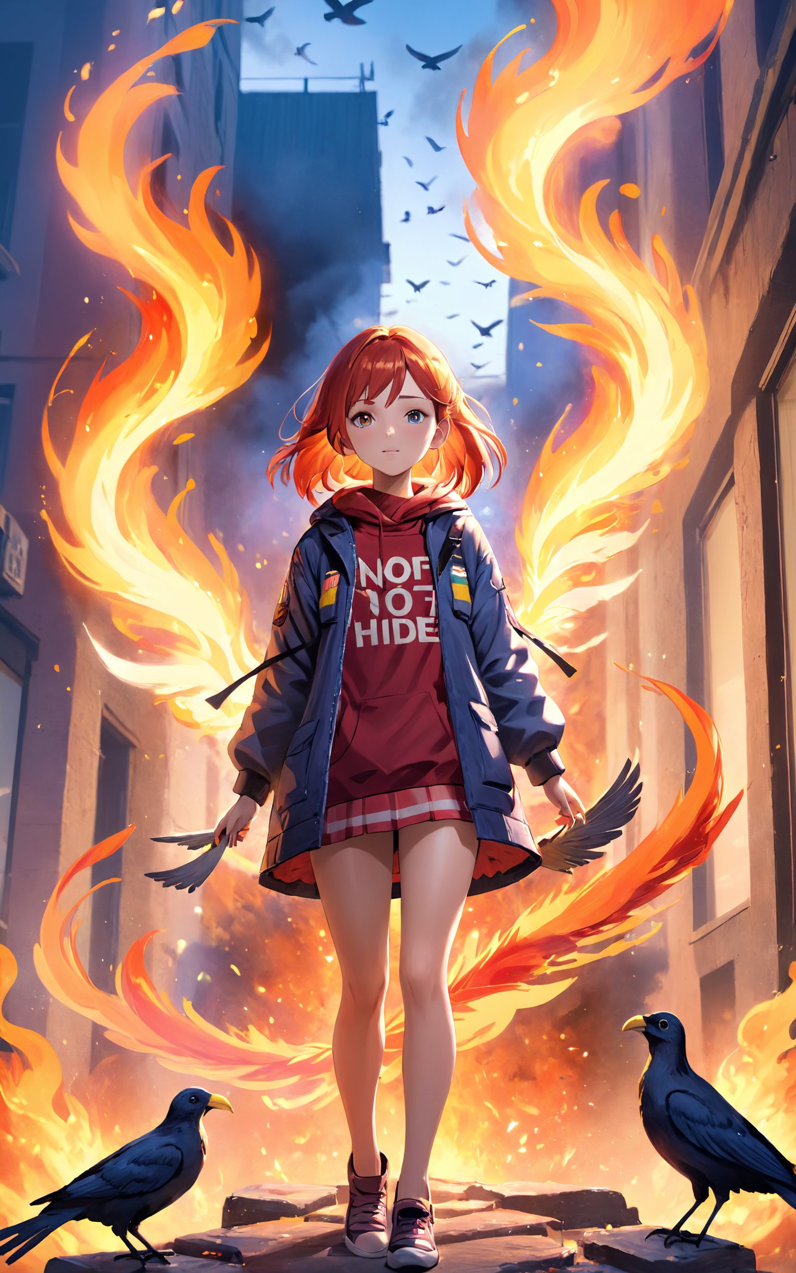 highres,best quality,girl, bird, english text, fire, no humans