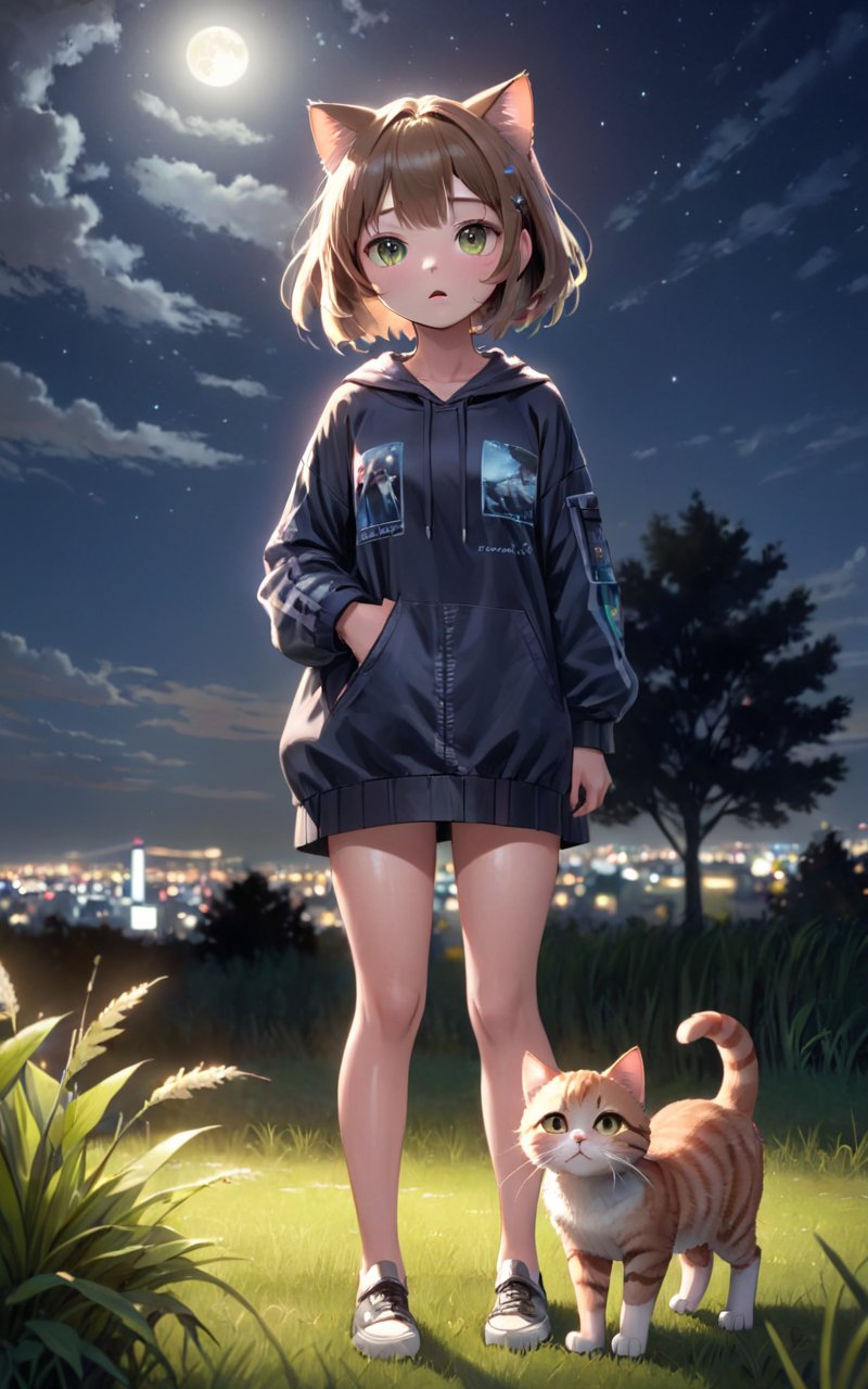 highres,best quality,girl, animal focus, cat, closed mouth, full body, grass, looking at viewer, medium hair, night, outdoors, sky, standing