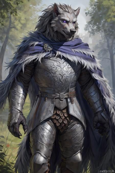 male, wolf, blaidd (elden ring), cape, muscular, elden ring, erdtree, sunlight, outside, standing, tail, balls, paws, claws, front view, (black body:1.3), purple eyes, armor, silver armor, engraved armor, topwear, bottomwear,BREAKanime stylized, (cute anatomy:1.1), linework, (cel shading:1.0), (best quality, high quality:1.4), by levelviolet, by snowskau, by coffeesoda, by totesfleisch08, by darkgem,