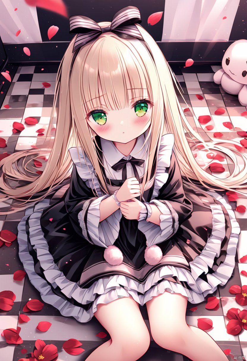 masterpiece, best quality, 1girl, long hair, green eyes,
checkered floor, stuffed toy, stuffed animal, solo, dress, blonde hair, bow, hair bow, stuffed bunny, petals, looking at viewer, blush, wrist cuffs, black dress, apron, wide sleeves, heart, frills, sitting, bangs, tinkle, loli,loli,blush