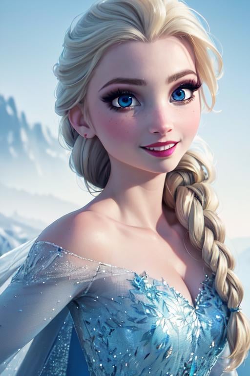 (masterpiece:1.2), (best quality), (ultra detailed), (8k, 4k, intricate),(full-body-shot:1), (highly detailed:1.2),(detailed face:1.2), (detailed background),detailed landscape, (dynamic pose:1.2), <lora:elsa:0.7>elsa, 1girl, solo, long hair, smile, blue eyes, blonde hair, dress, braid, single braid, makeup, hair over shoulder, eyeshadow, snowflakes