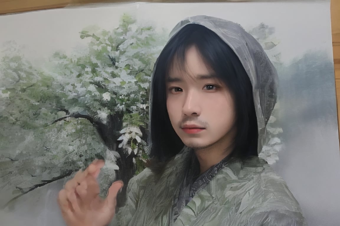 solo, looking at viewer, black hair, 1boy, closed mouth, upper body, male focus, japanese clothes, tree, leaf, traditional media, facing viewer, realistic, rnhg