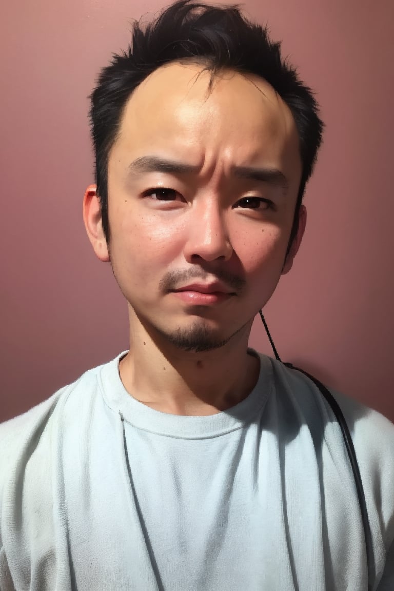 1boy, solo, looking at viewer, simple background, shirt, brown eyes, upper body, lips, portrait, (thin hair), wide forehead, little bald, short hair, rnhg