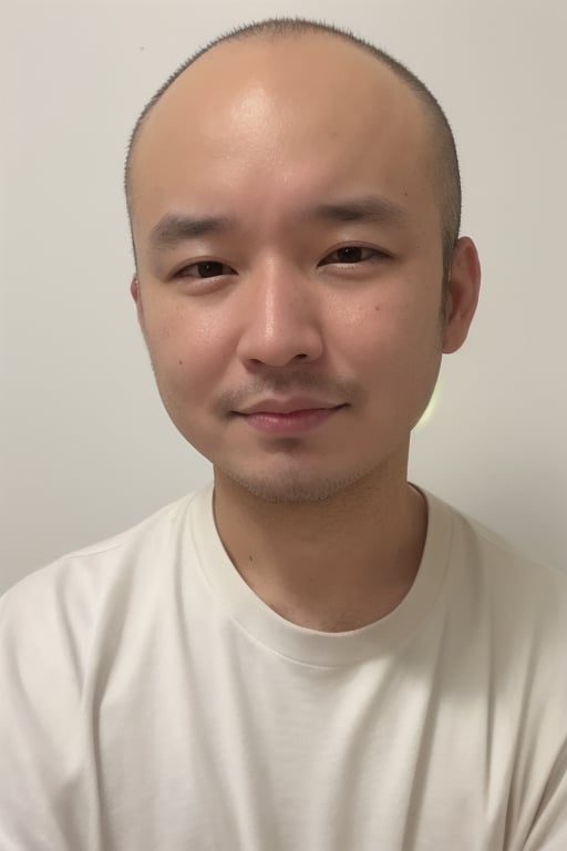 1boy, solo, looking at viewer, simple background, shirt, white background, brown eyes, jewelry, white shirt, upper body, necklace, lips, portrait, realistic, (thin hair), wide forehead, little bald, short hair, nose, rnhg