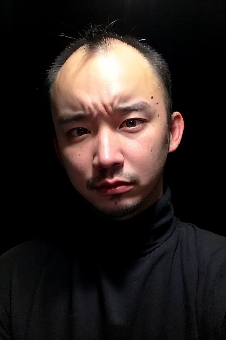 1boy, solo, brown eyes, portrait, looking at viewer, rnhg, (Thinning hair baldness), 
moody lighting, intense expression, dark background, black turtleneck, chiaroscuro