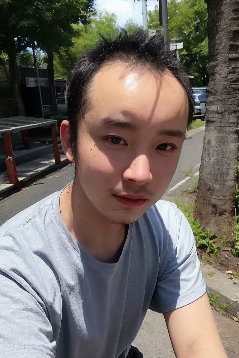 solo, looking at viewer, shirt, black hair, 1boy, jewelry, white shirt, upper body, short sleeves, male focus, outdoors, day, black eyes, bracelet, tree, realistic, bead bracelet, photo background, Thinning hair baldness