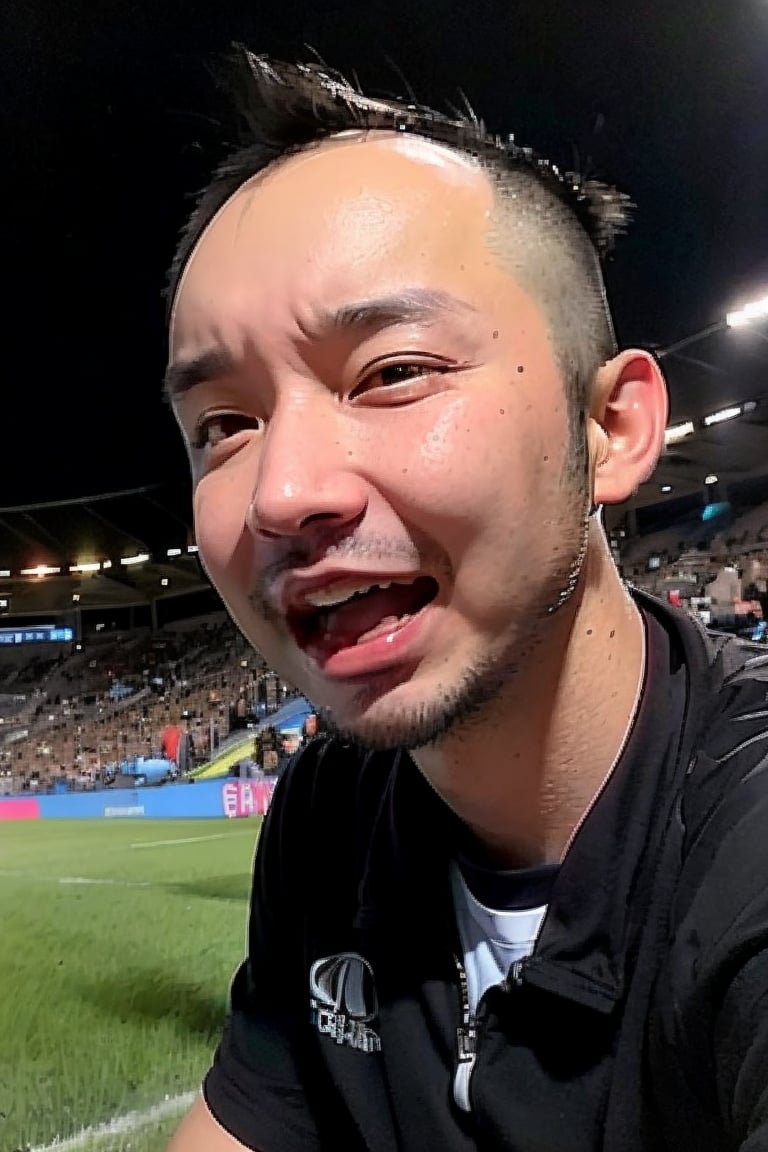 1boy, solo, brown eyes, portrait, looking at viewer, rnhg, (Thinning hair baldness), Male athlete, soccer player, portrait, celebrating goal, joy, energetic, uniform, stadium lights, evening match, high contrast, expressive face 