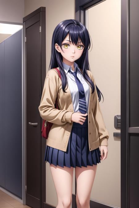 (masterpiece, best quality), <lora:miko yotsuya:0.8> miko yotsuya, yellow eyes, black hair, long hair, blue pleated skirt, beige sweater, blue necktie,<lora:add_detail:0.8>,  