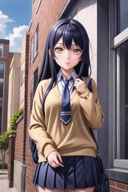 (masterpiece, best quality), <lora:miko yotsuya:0.8> miko yotsuya, yellow eyes, black hair, long hair, blue pleated skirt, beige sweater, blue necktie,<lora:add_detail:0.8>,  