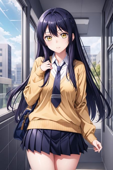 (masterpiece, best quality), <lora:miko yotsuya:0.8> miko yotsuya, yellow eyes, black hair, multicolored hair, long hair, blue pleated skirt, beige sweater, blue necktie,<lora:add_detail:0.8>,  