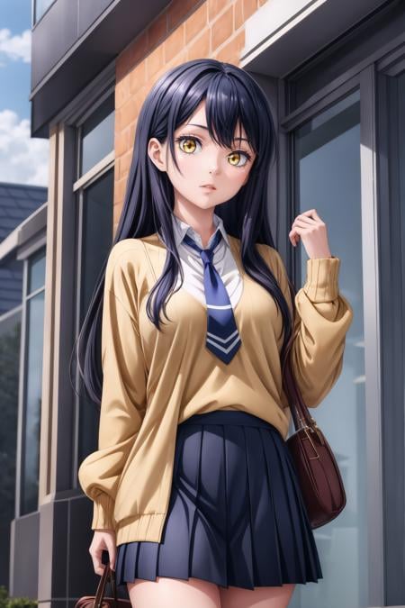 (masterpiece, best quality), <lora:miko yotsuya:0.8> miko yotsuya, yellow eyes, black hair, long hair, blue pleated skirt, beige sweater, blue necktie,<lora:add_detail:0.8>,  