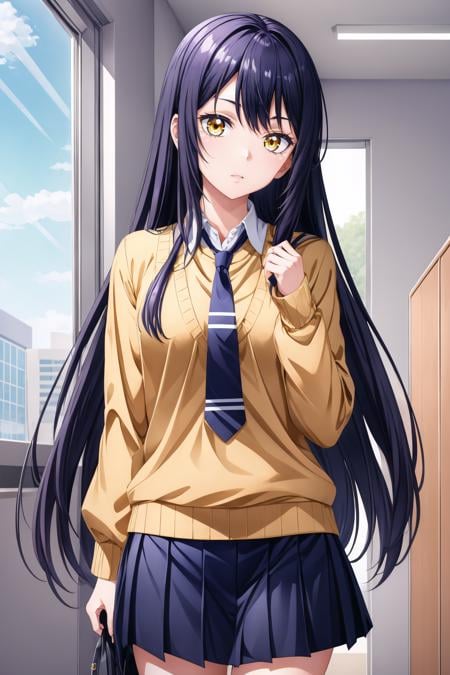 (masterpiece, best quality), <lora:miko yotsuya:0.8> miko yotsuya, yellow eyes, black hair, multicolored hair, long hair, blue pleated skirt, beige sweater, blue necktie,<lora:add_detail:0.8>,  